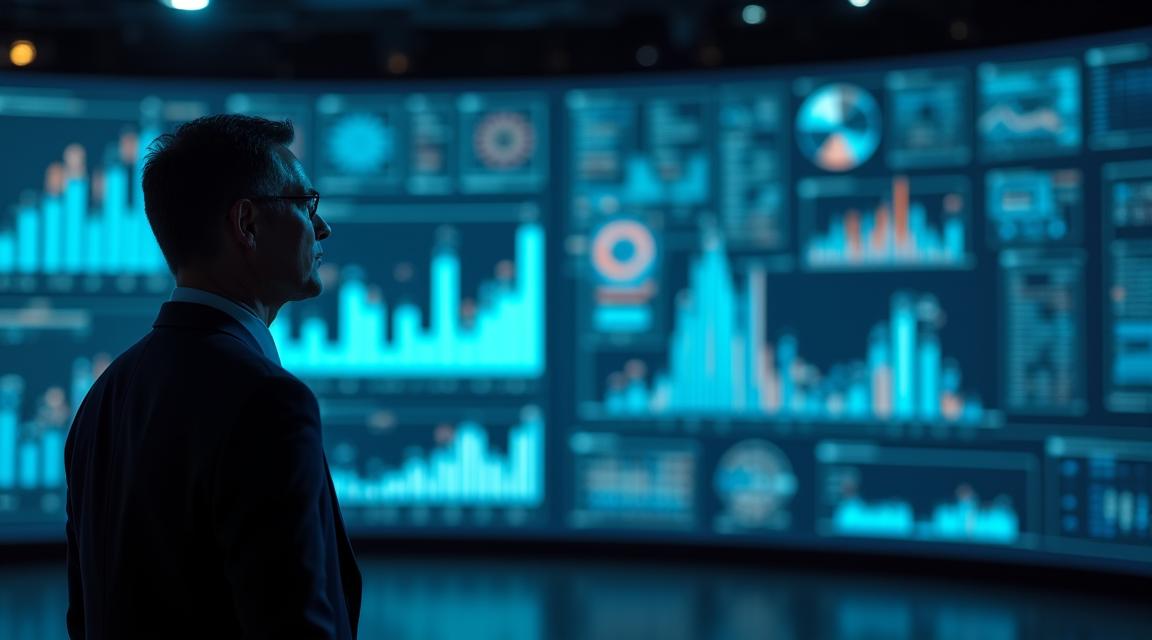 Executive reviewing AI-powered business dashboard on a large screen