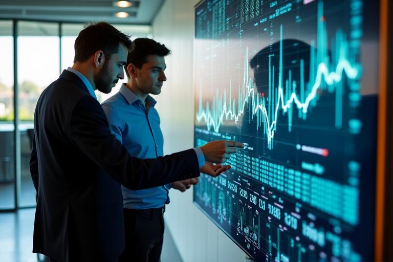 Data scientists analyzing complex financial models on large touch displays